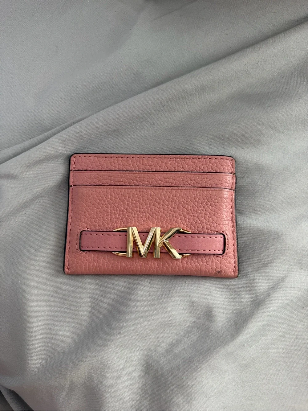 Michael Kors Rose Pink Pebbled Leather Card Holder with Gold MK Emblem